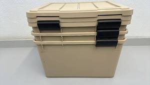 lot 55 image: Set of 3 IRIS 44 Qt WeatherPro Storage Bins with Latching Lids - 2 bins missing 1 latch - lids still secure