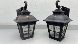 lot 61 image: Pair of Outdoor LED Wall Mount Lanterns Black Metal Glass 16 x 9 Inch - used condition