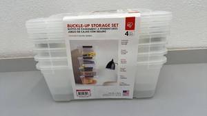 lot 76 image: IRIS 4-Pack Buckle-Up Storage Box Set 12.9 Qt Clear Plastic Stackable Containers