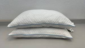 lot 91 image: Set of 2 White Quilted Bed Pillows with Blue Piping - used condition