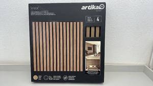 lot 98 image: Artika Sonolux Sound-Absorbing Slatted Panel Kit, Walnut Finish, 4 Panels