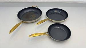lot 102 image: Set of 3 GreenPan Nonstick Fry Pans with Gold Handles - used condition