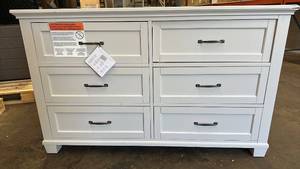 lot 108 image: 6 Drawer Dresser in White Finish with Damaged Corner, one drawer stuck in place