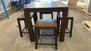 lot 112 image: Wooden Pub Height Table with 4 Stools and Metal Frame - used condition