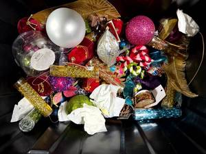 lot 54 image: Bin of Assorted Holiday Dcor  Gold, Jewel Tones & Mixed Accents