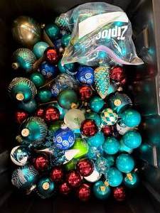 lot 52 image: Large Bin of Blue, Teal, and Red Ornaments