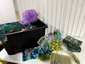 lot 41 image: Large Bin of Teal & Green Christmas Dcor