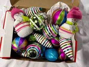 lot 67 image: Colorful Glass Ornaments & 2 Plush Snowmen