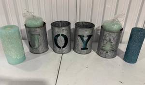 lot 36 image: Galvanized JOY Candleholder Set