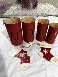 lot 71 image: Metal NOEL Candle Holders & Red Stocking Ornaments