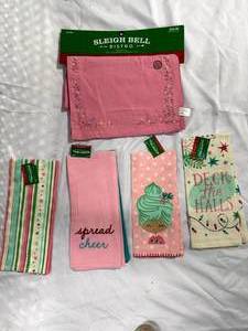 lot 63 image: Sleigh Bell Bistro Pink Table Runner & Holiday Kitchen Towels