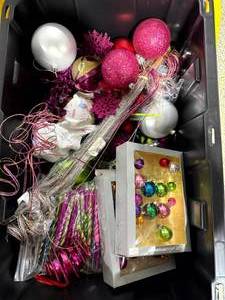 lot 51 image: Large Bin of Pink, Silver & Multicolor Holiday Dcor