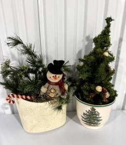 lot 77 image: 2 Holiday Planters  Snowman & Tree Arrangements