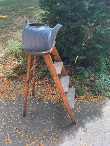 lot 50 image: Vintage Metal Teapot on a Wooden Ladder Stand