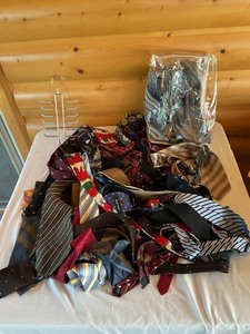 lot 100 image: Approximately Two Dozen Assorted Neckties with Tie Hanger
