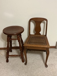 lot 145 image: Wooden Stool and Chair Set with Cane Seat