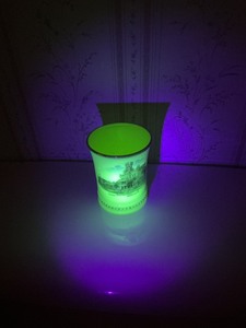 lot 8 image: Uranium Glass Souvenir Cup with Hand-Painted Detailed Scene