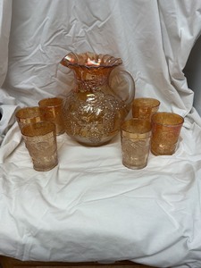 lot 14 image: Carnival Glass Pitcher and 6 Tumblers Set With Grape Design
