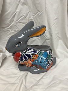 lot 25 image: Hand-Painted Ceramic Bunny Planter with Multicolor Floral Pattern