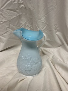 lot 30 image: Blue and White Milk Glass Pitcher with Grape Motif