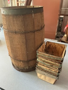 lot 43 image: Wooden Barrel with Stack of Small Wooden Crates