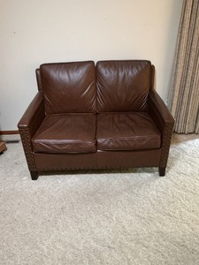 lot 80 image: Dark Brown Leather Loveseat With Nailhead Trim