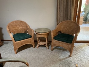 lot 82 image: Wicker Patio Set with Two Armchairs and Round Glass-Top Table