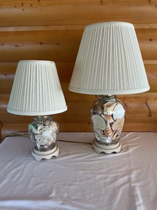 lot 101 image: Glass Table Lamps Featuring Seashell Filler and Pleated Shades