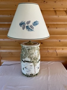 lot 104 image: Table Lamp with Hand-Painted Woodland and Lake Scene