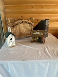 lot 108 image: Decorative Church, Fishing Lodge Birdhouses with Basket and Magazine Bin
