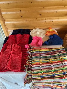 lot 112 image: Hand-Knit Vests, Blanket, Slippers, and Hats