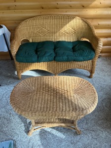 lot 116 image: Wicker Loveseat and Matching Oval Table with Green Cushions
