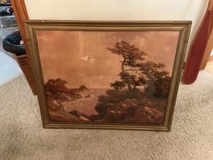 lot 136 image: Framed Coastal Landscape Painting in Sepia Tone