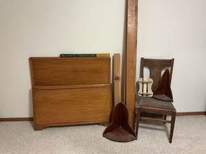 lot 144 image: Wooden twin size bed frame Including Chair and 3 wall shelves