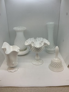 lot 165 image: Five White Milk Glass Pieces, Including Vases and Bell