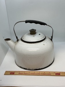 lot 175 image: White Enameled Metal Teapot With Black Handle