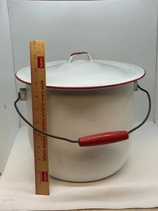 lot 176 image: White Enamelware Pot with Lid and Red Trim