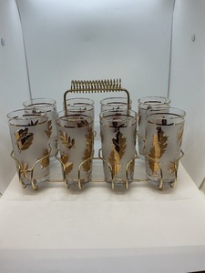 lot 181 image: 8 Frosted Glasses with Gold Leaf Design and Gold-Toned Carrier