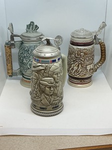 lot 200 image: 3 Avon Collectible Lidded Steins Armed Forces, Christopher Columbus, and Stagecoach