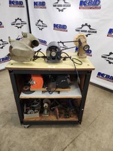 lot 4 image: Lot of Bench Grinders, Buffers, and Pulley Parts on Rolling Cabinet