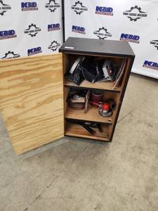 lot 6 image: Cabinet with Power Tools, Circular Saws, Sanders, and Sandpaper Rolls