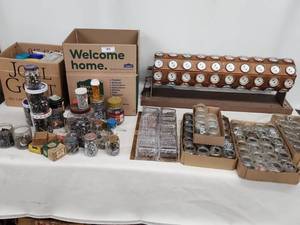 lot 19 image: Assorted Metal Fasteners and Hardware in Jars with Rotating Organizer