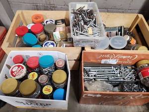 lot 20 image: Large Mixed Lot of Assorted Nails, Screws, Bolts, and Fasteners in Jars and Boxes
