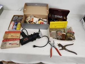 lot 32 image: Leatherworking and Grommet Tool Lot with Electric Shear, Snaps, Punches, and Hardware