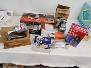 lot 35 image: Shop Tools and Safety Gear Bundle with Sanders, Spray Guns, Respirator, Goggles, and Ear Muffs