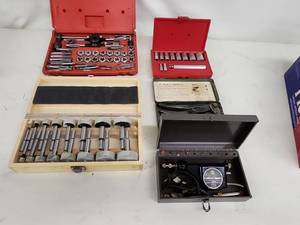 lot 44 image: Assorted Workshop Tool Sets Including Tap and Die Set, Forstner Bit Set, Gasket Punch Set, and Vibra Engraving Tool