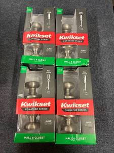 lot 35 image: Lot of 6 Kwikset Juno Satin Nickel Hall and Closet Door Knobs