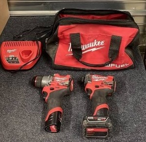 lot 42 image: Milwaukee M12 Fuel Cordless Drill and Impact Driver Set with Batteries, Charger, and Bag