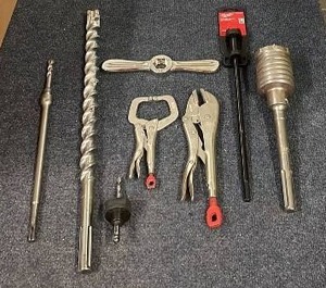 lot 46 image: Milwaukee Drill Bits, Locking Pliers, Die Handle, and Drill Accessories Set