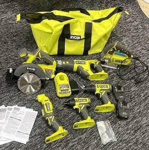 lot 53 image: Ryobi 18V Cordless Power Tool Set with Bag, Batteries, and Manuals